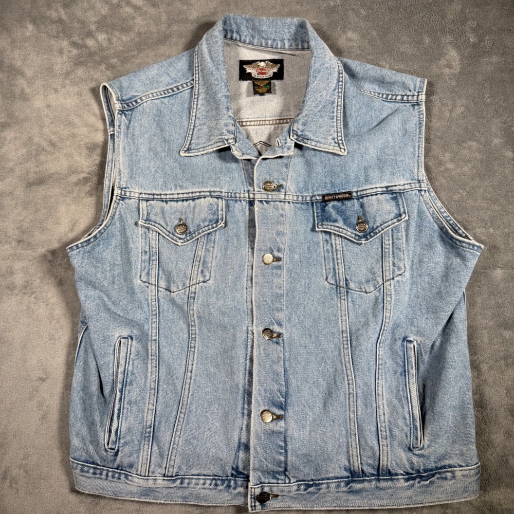 Harley Davidson Mens XL Blue Denim Vest Large Back Patch Logo Button Front XL
